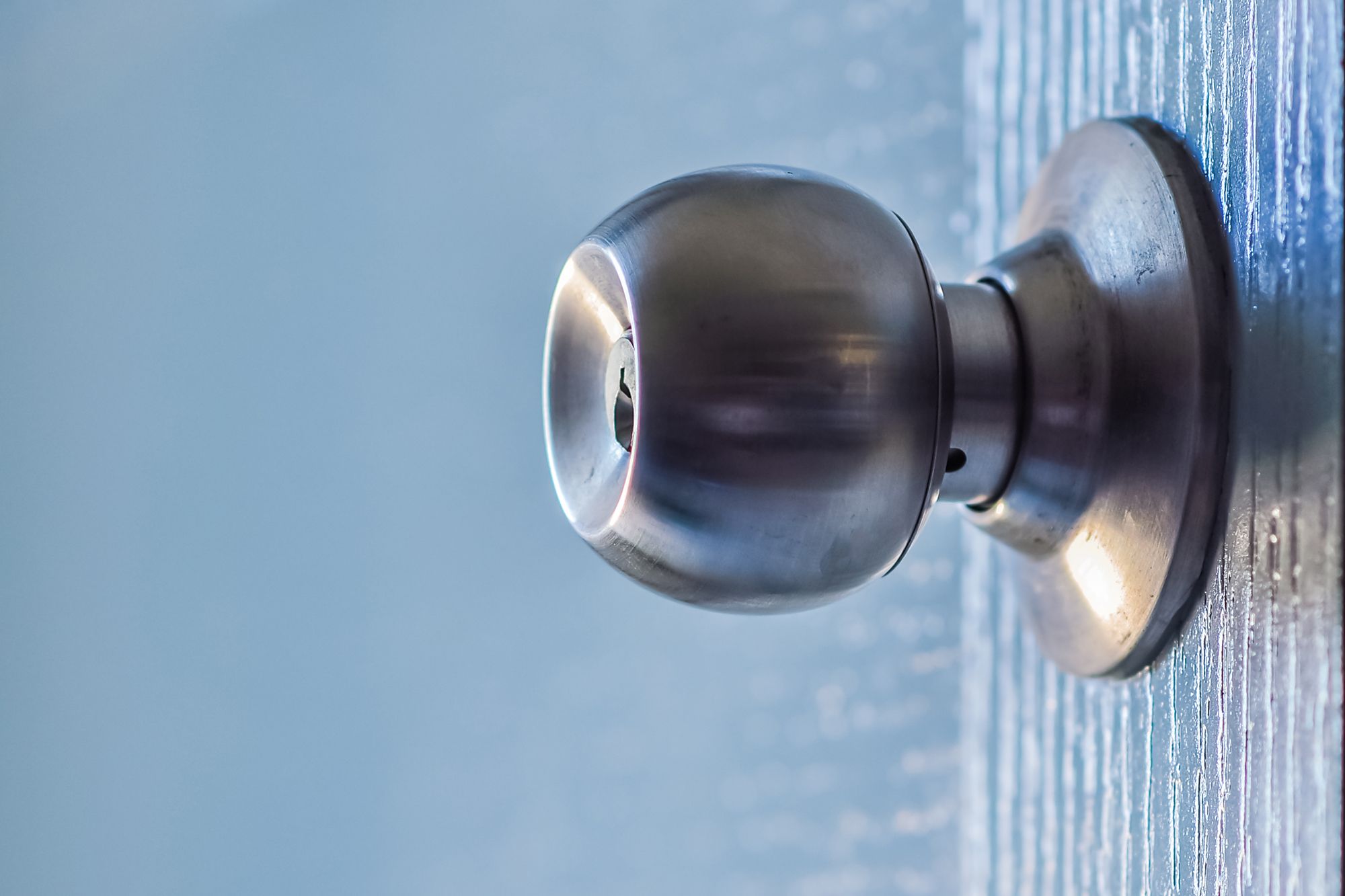 A silver interior doorknob on a blue wooden door.