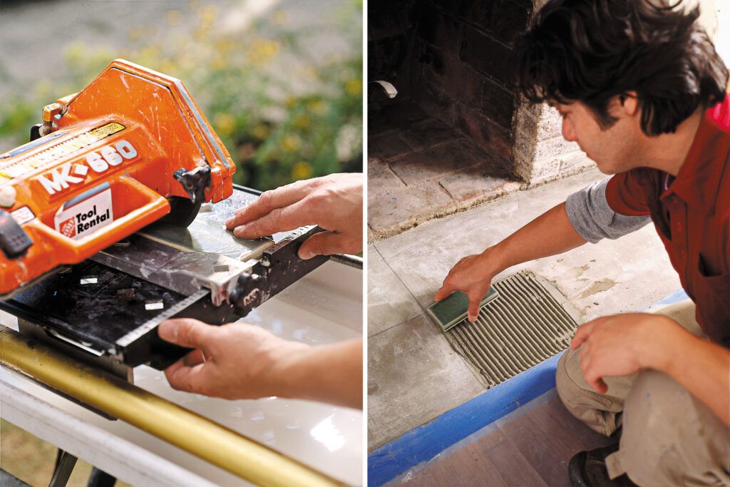 Photo of a contractor cutting tiles for the hearth and applying mortar before installing the tiles. 