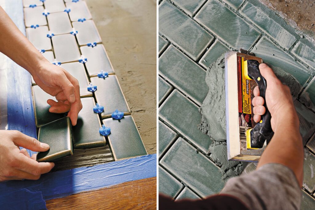 Photo of a contractor setting and grouting the tile on the hearth