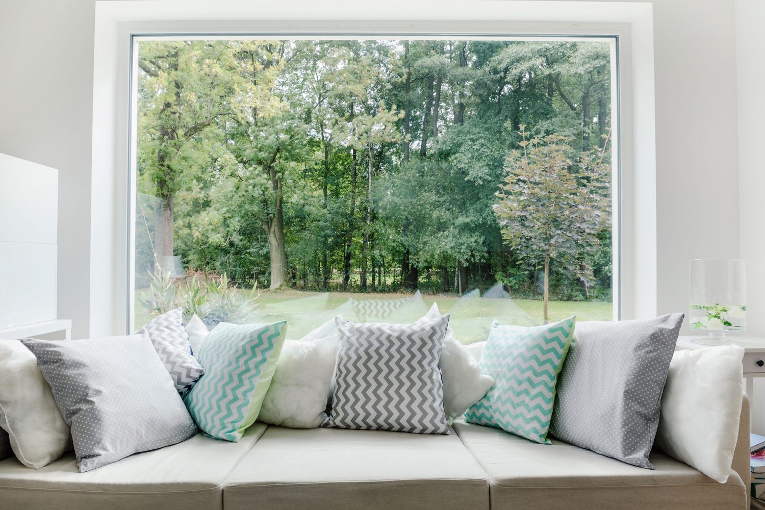 Clean window looks from inside a home out to a backyard.