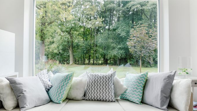 Clean window looks from inside a home out to a backyard.