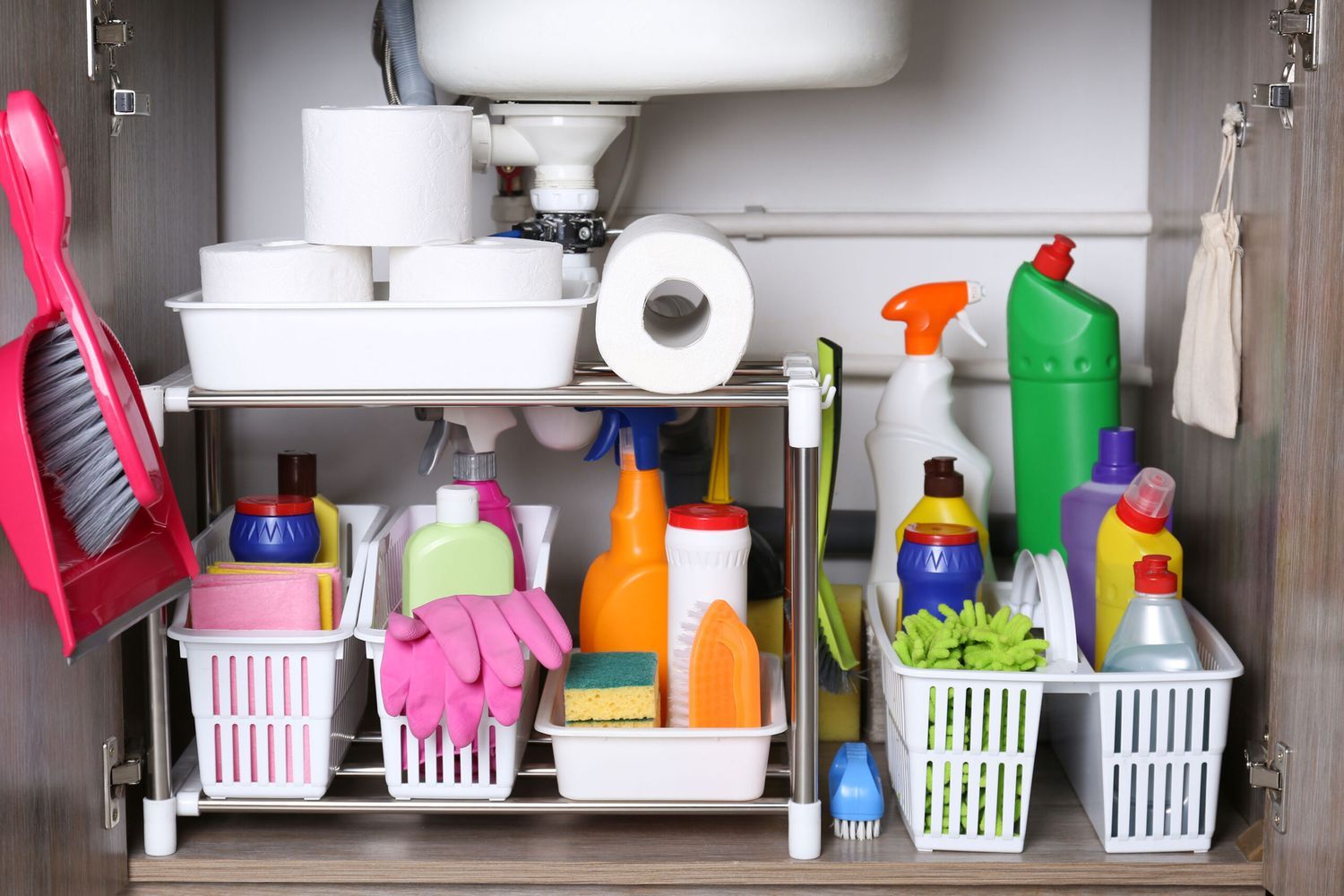 View under a sink with many household products