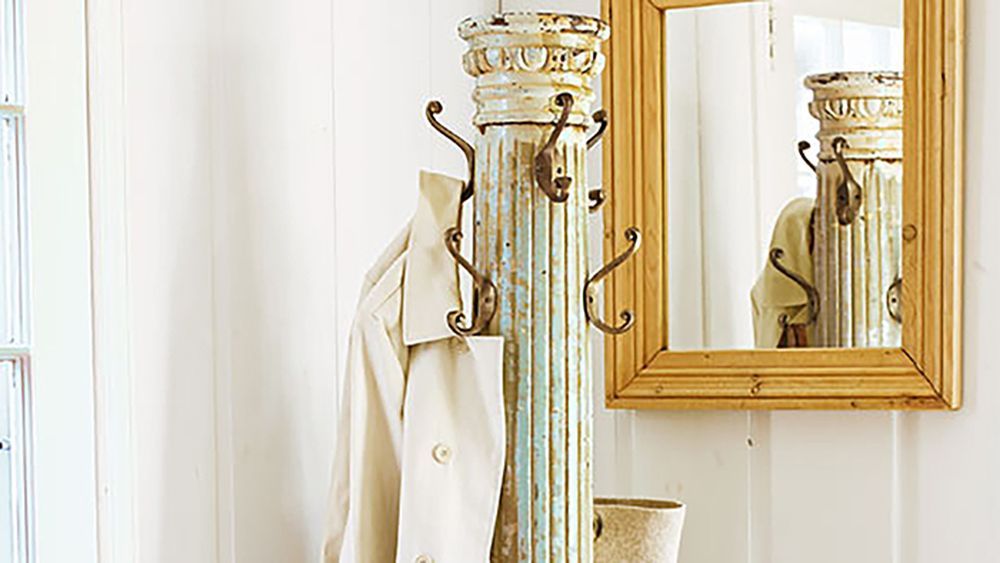 salvaged column turned into a coat rack