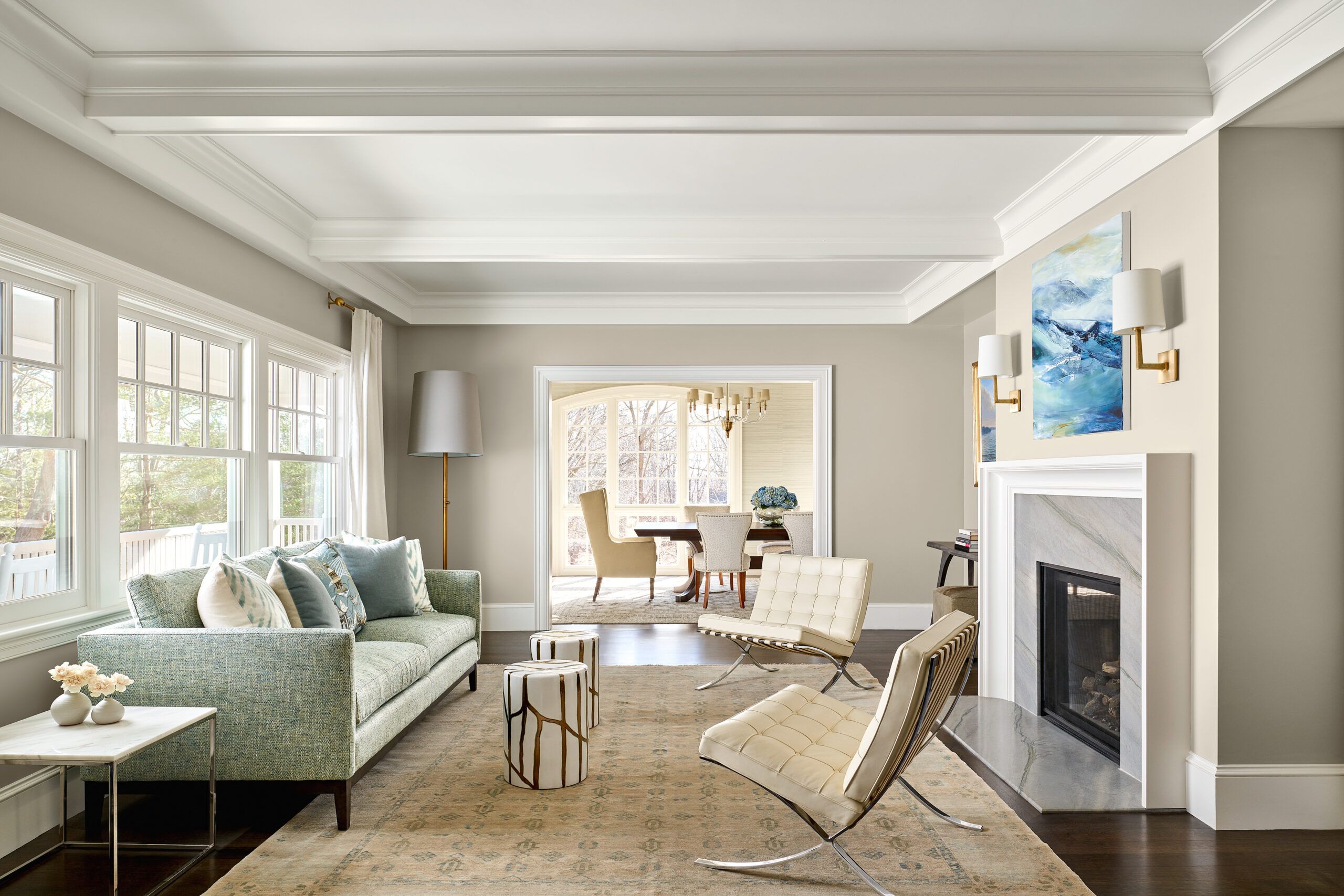 Living room with fireplace and coffered ceilings