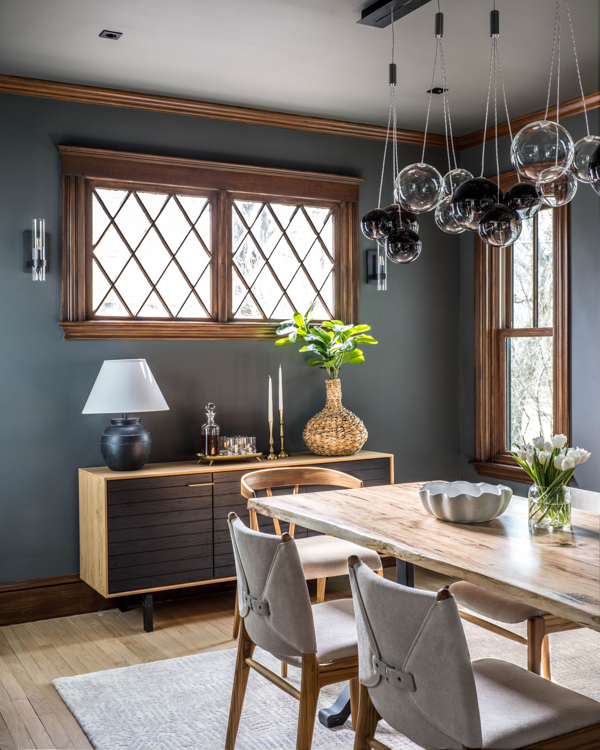 Dining room with dark wood molding