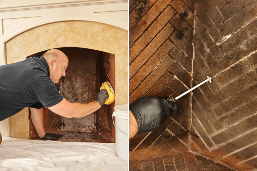 A man washing the brick of a fireplace.