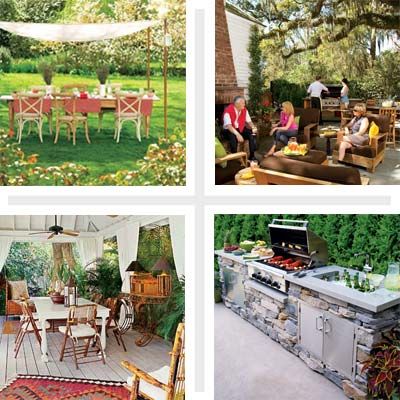 Four photos of different ways to design your outdoor kitchen space.