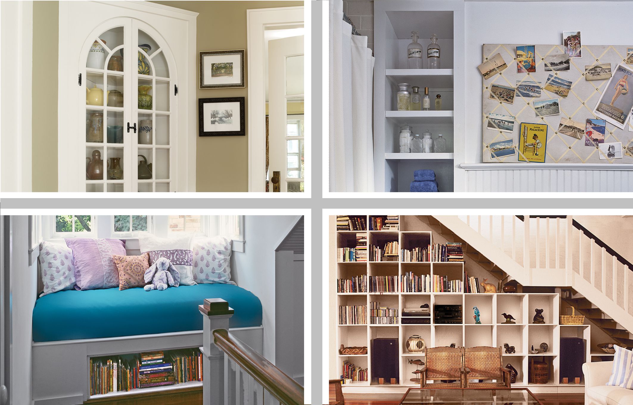 Four images with different shelving and storage solutions.