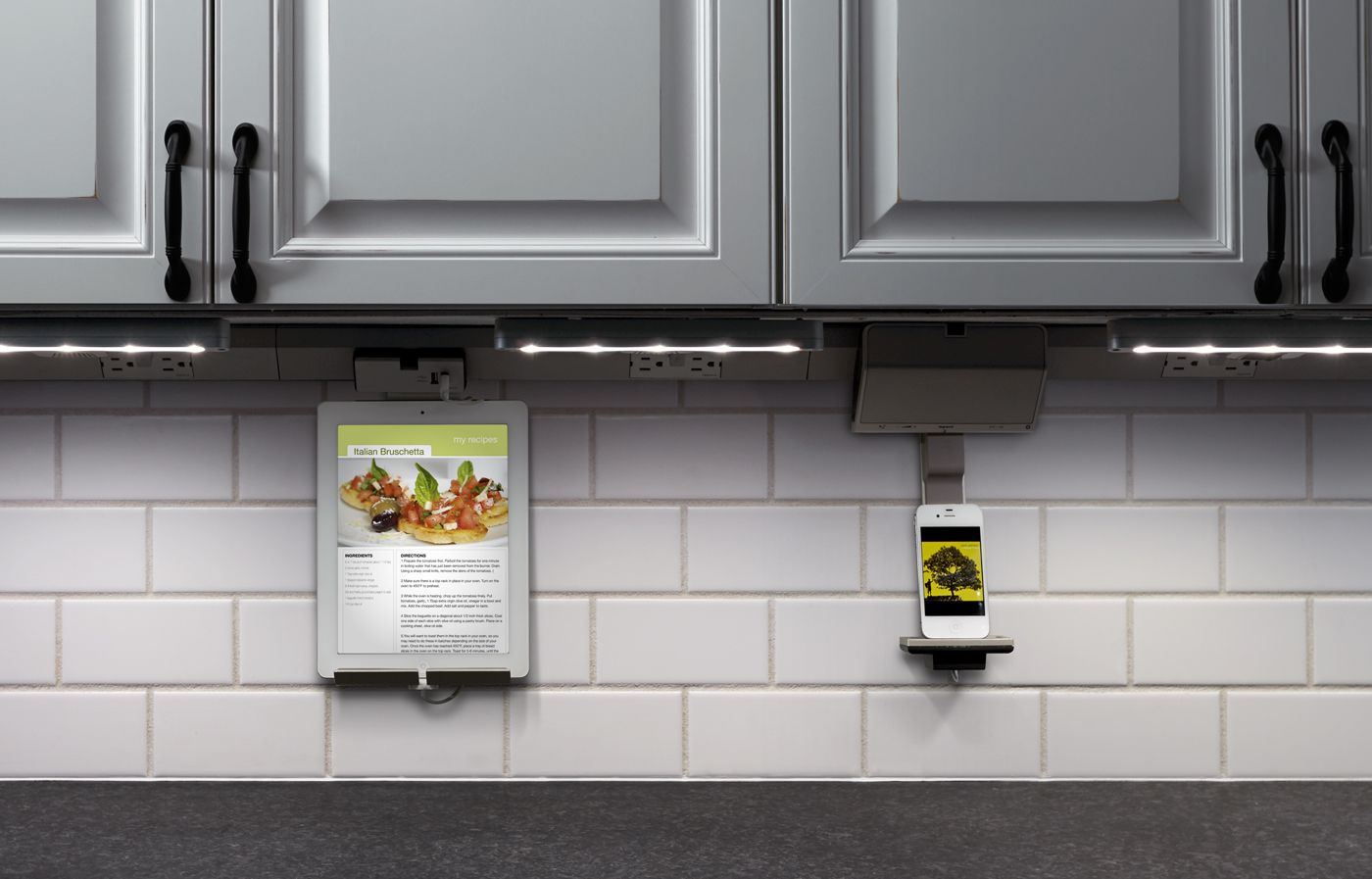 Image of plugged-in under cabinet lighting, which is a great way to hide kitchen clutter