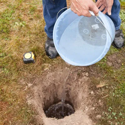 A person pours water from a bucket into a hole dug in the ground to judge the soil's drainage capability for making a rain garden.
