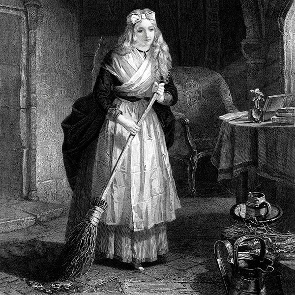 A 17th-century housewife uses a broom to decorate her home's floor with sand designs.