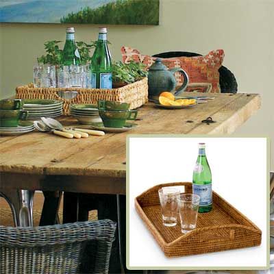 Image of trays and glassware on a table to be used as a decorative element in a rustic French dining room