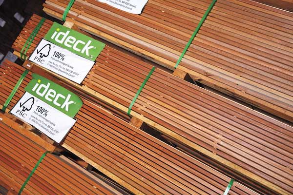 Bundles of hardwood decking materials.