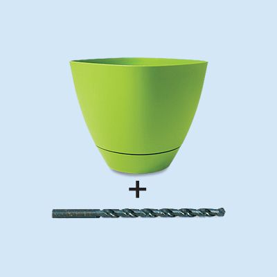 Plastic planter and a drill bit.