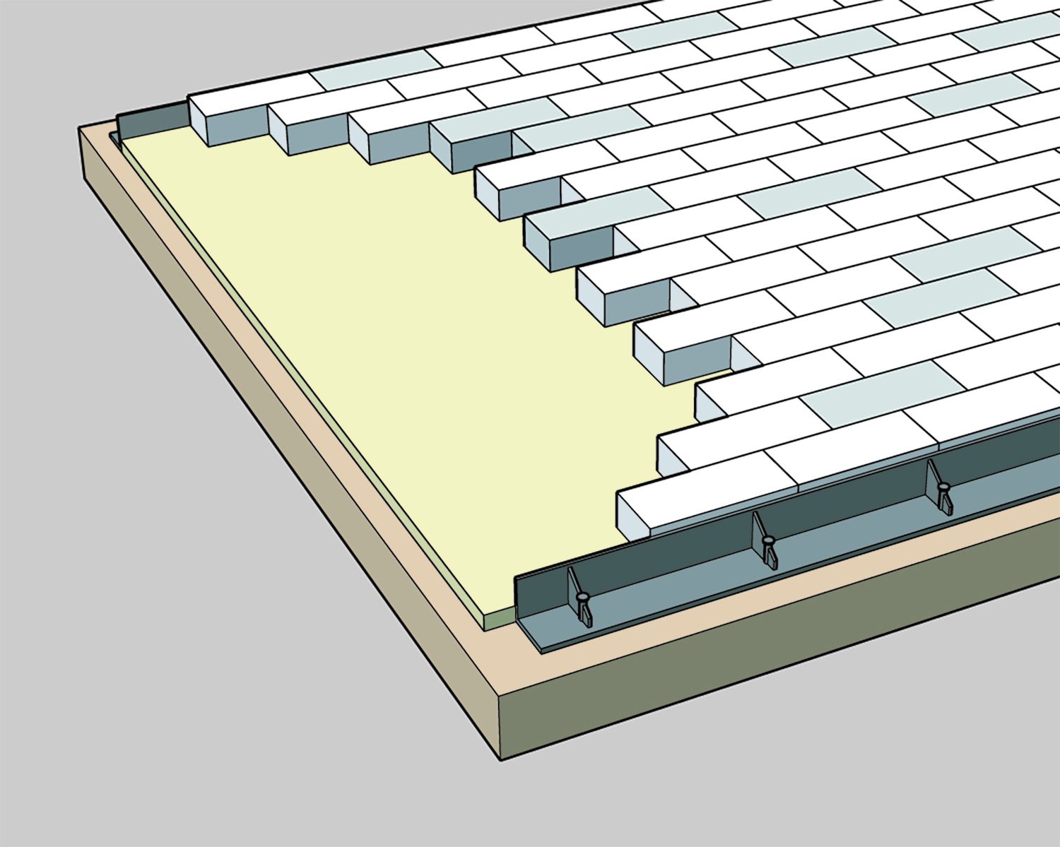 Illustration of running-bond patterned pavers with metal edging. 