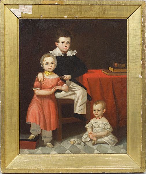 "Portrait of Three Children", 1835-1845. The painting displays a checkerboard painted wood floor.