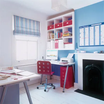 Wall mounted shelves and a small desk in a corner to make a cozy study station. 