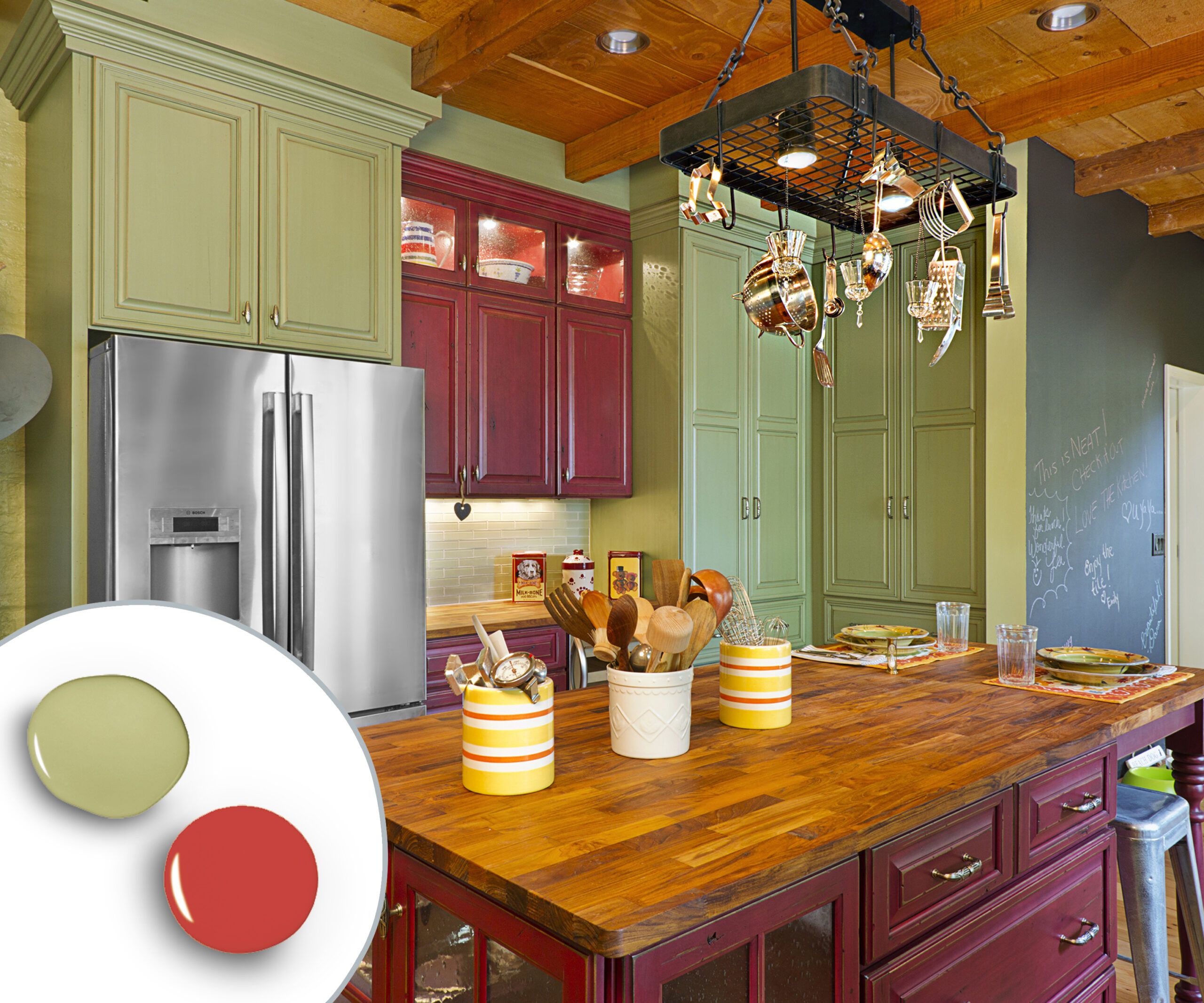 Kitchen cabinets with a barn red and sage green color combination.