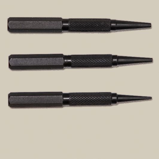 Three different sizes of nailsets, a tool used for tin punching.