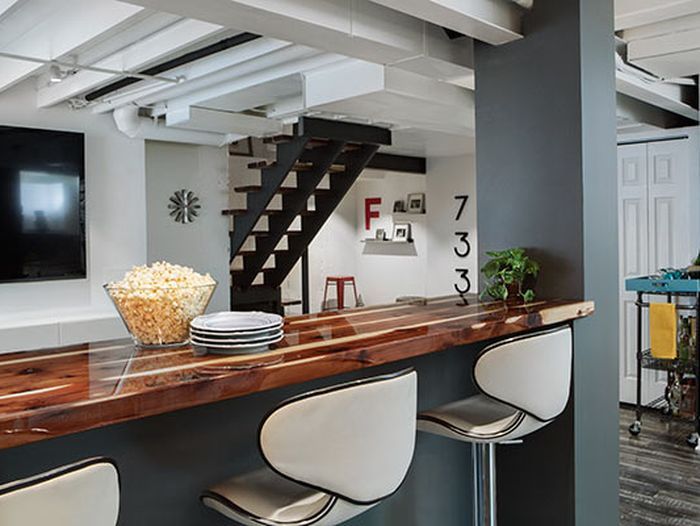 image of a completed basement bar