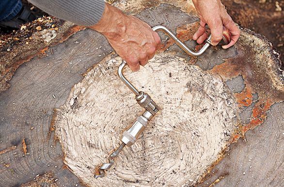 A drill is used to create drainage for the tree-stump planter.