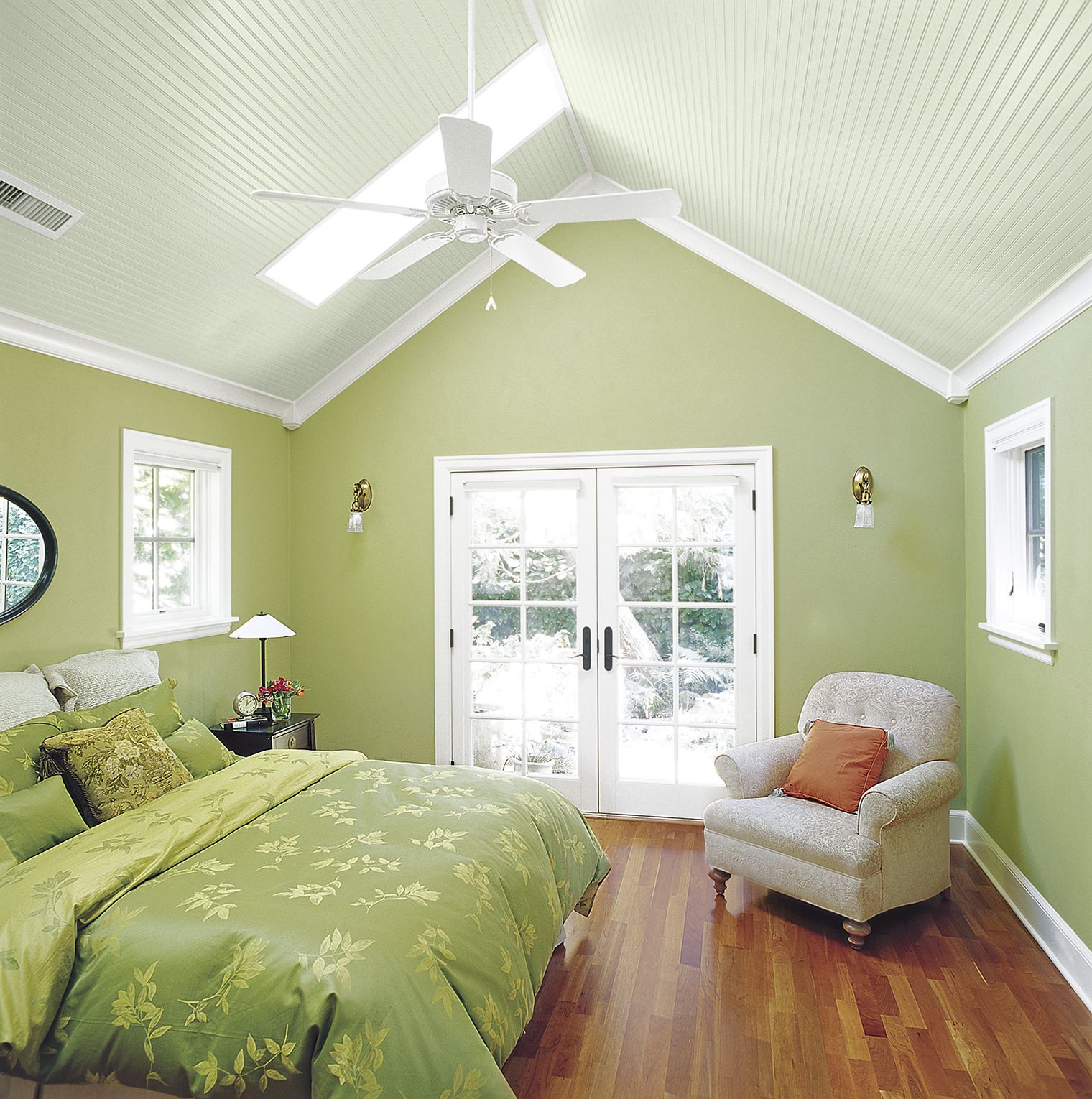 A room with beadboard overhead, giving it to give it vintage charm.