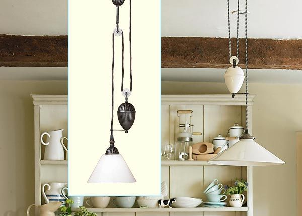 Pulley pendant light in a Farmhouse-Fresh Breakfast Nook.