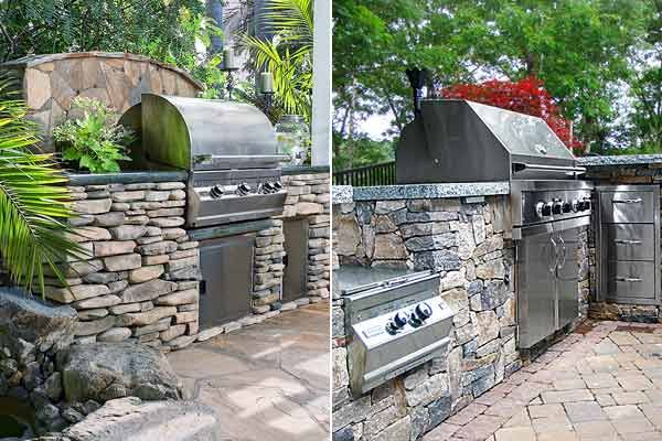 Two photos of grills surrounded by stone veneered cabinets with manufactured stone on the left and natural stone on the right. 