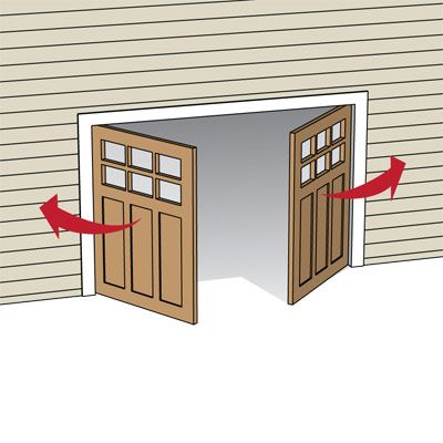 Illustration of swing out garage doors with two arrow to show how the doors move when they open.