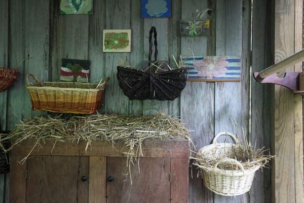 A cozy chicken coop with nesting boxes.