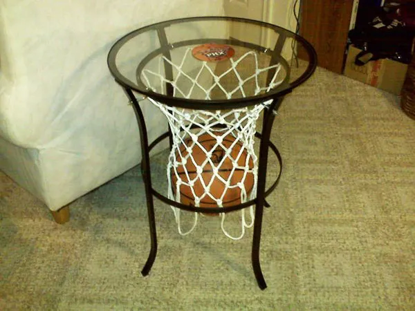 Basketball net transformed into a side table.