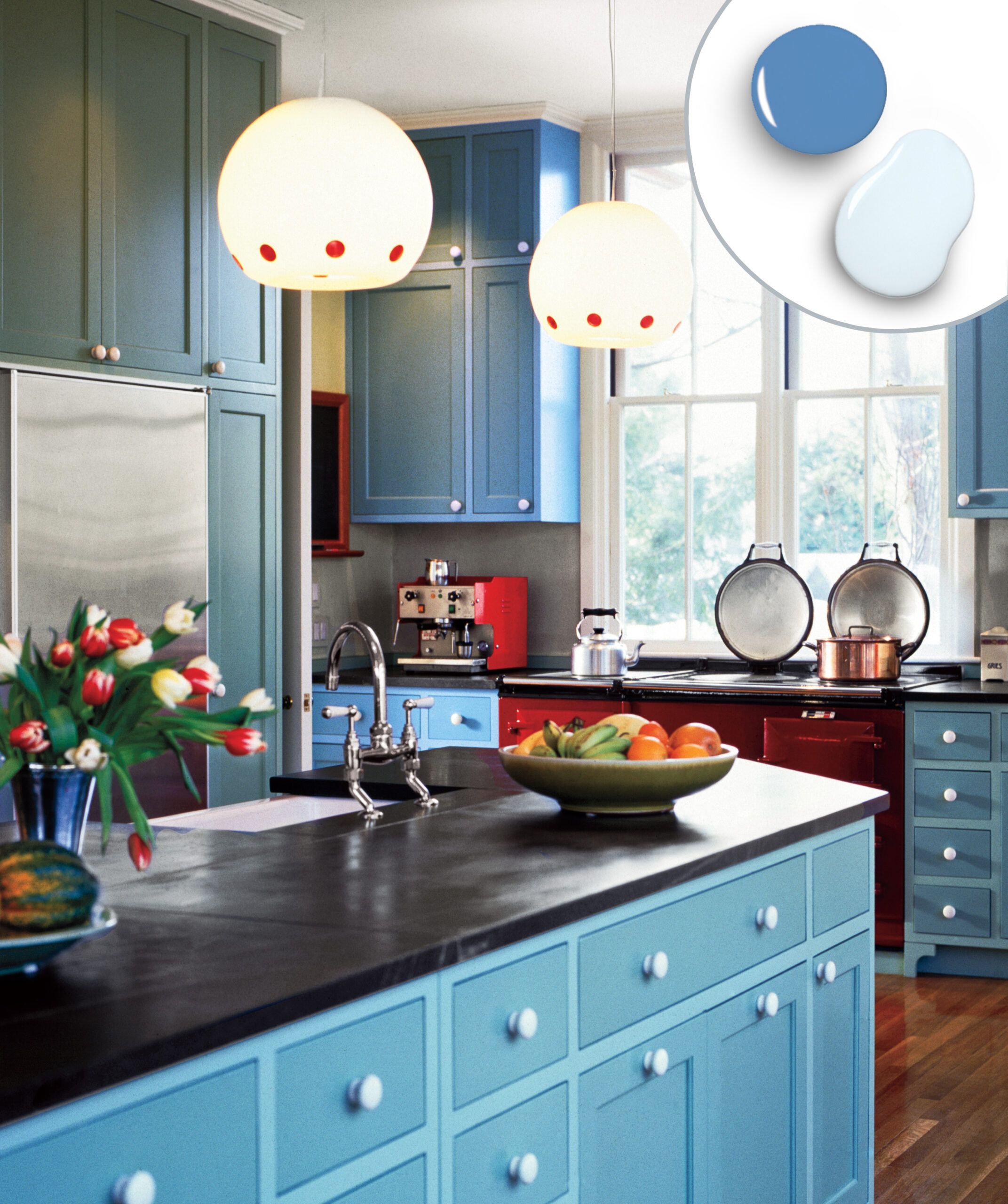 Kitchen cabinets with a bold blue and soft blue color combination.