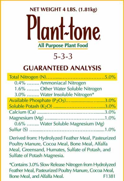 A label showing the chemical makeup of planttone plant food.