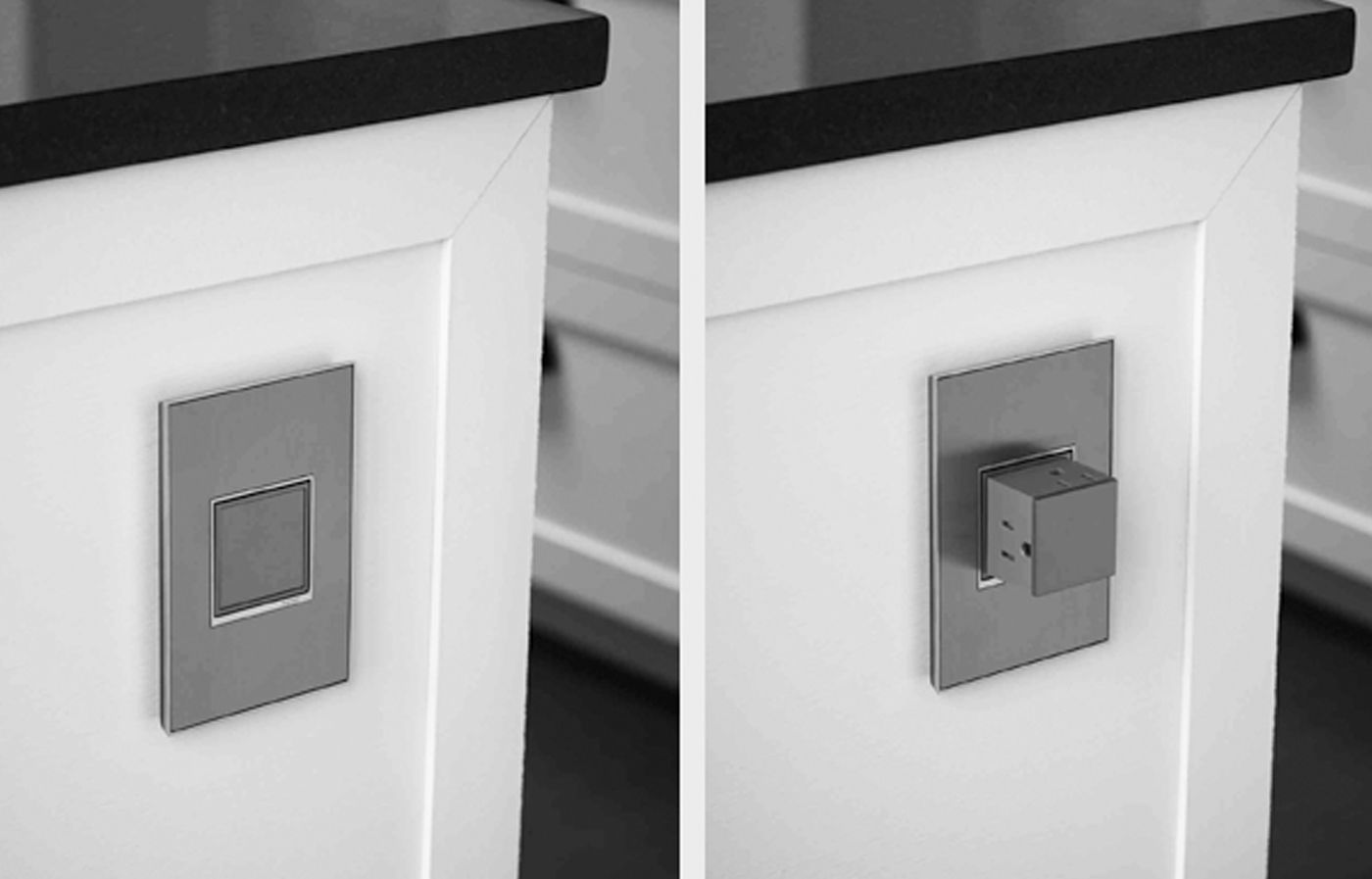 Image of a pop-out wall outlet in a kitchen, which is a great way to hide kitchen clutter