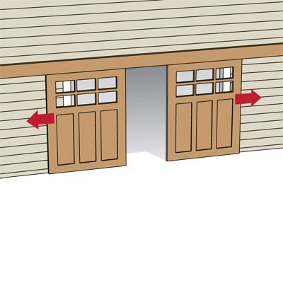 Illustration of sliding garage doors with two arrow to show how the doors move when they open.