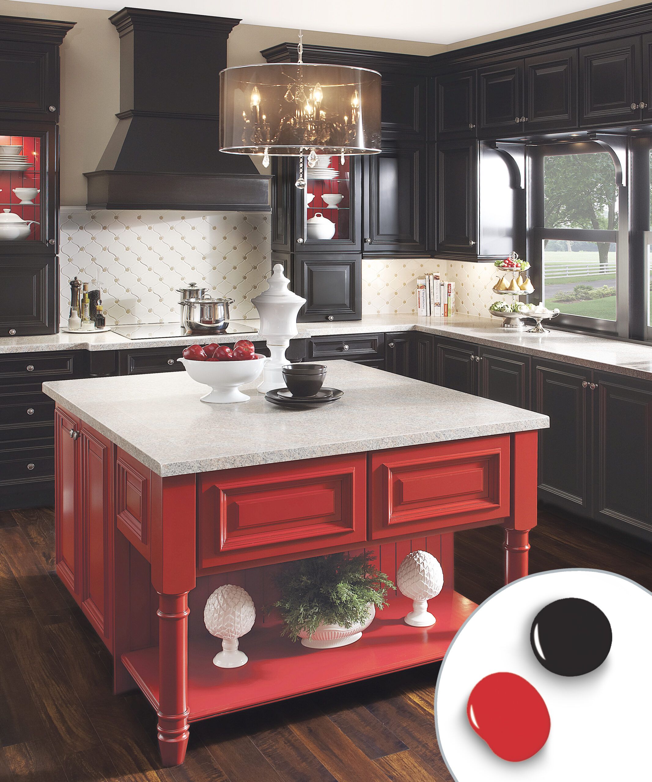 Kitchen cabinets with a bright red and midnight black color combination.