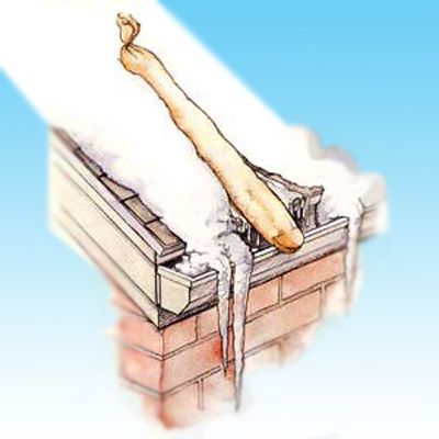 An illustration of the pantyhose method being used to get rid of ice dams.