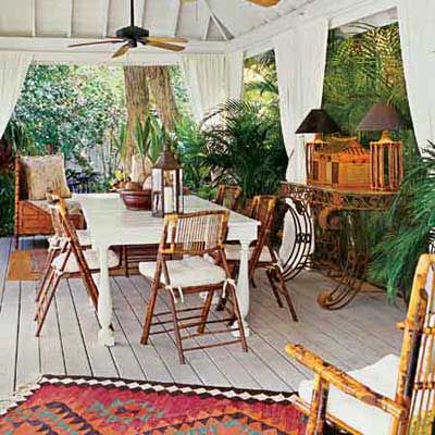 Safari inspired outdoor dining area. 