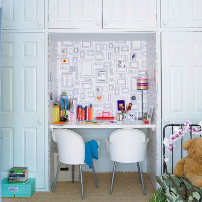 Study area built in the middle of a closet to create a study nook. 