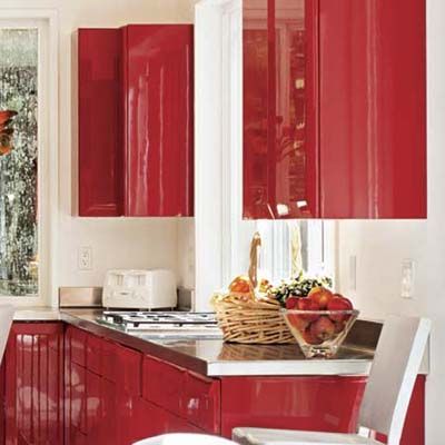 Kitchen cabinets painted with a high-gloss finish.