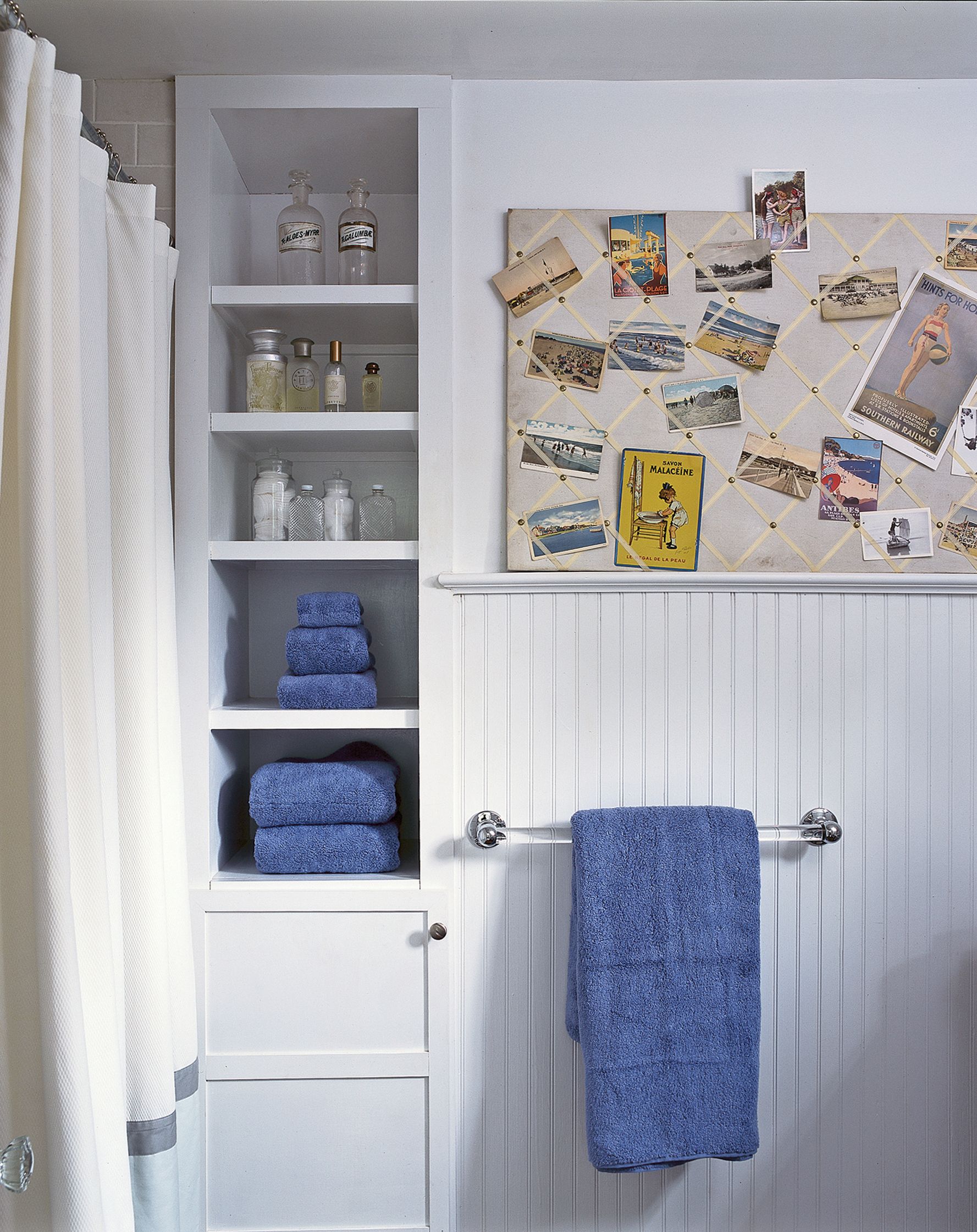 A shelving unit installed in a bathroom.