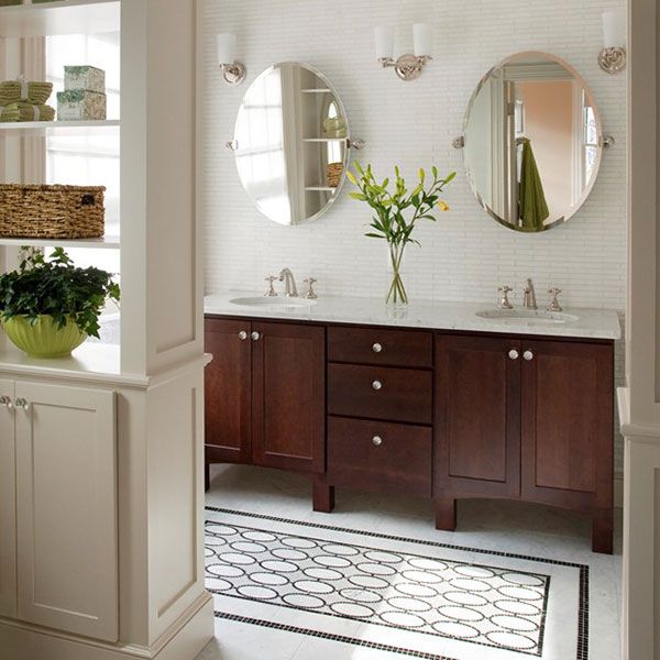 Rug design in a double-vanity space with lots of intricate designs. 