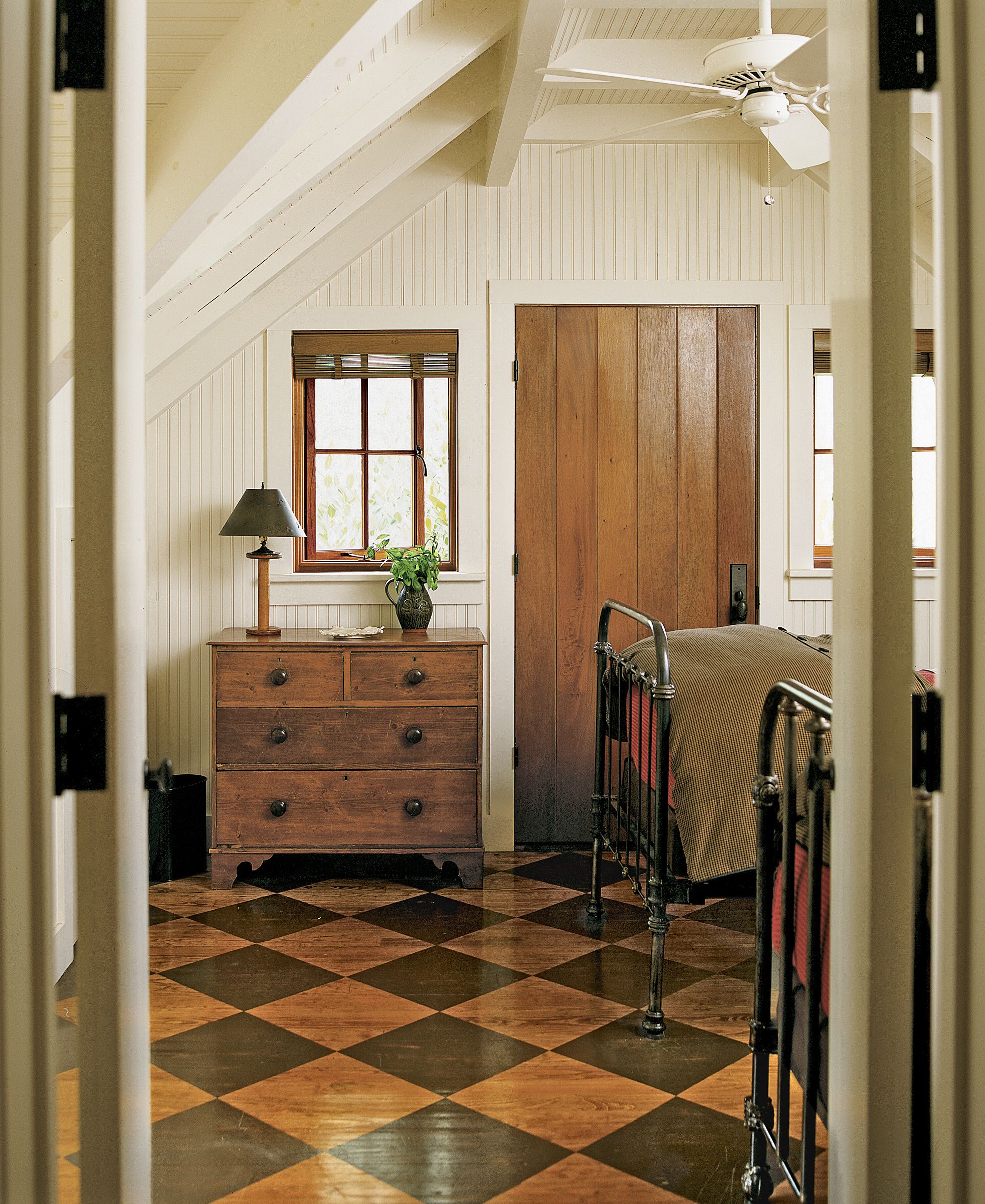 Checker patterned stain wood give a vintage charm.