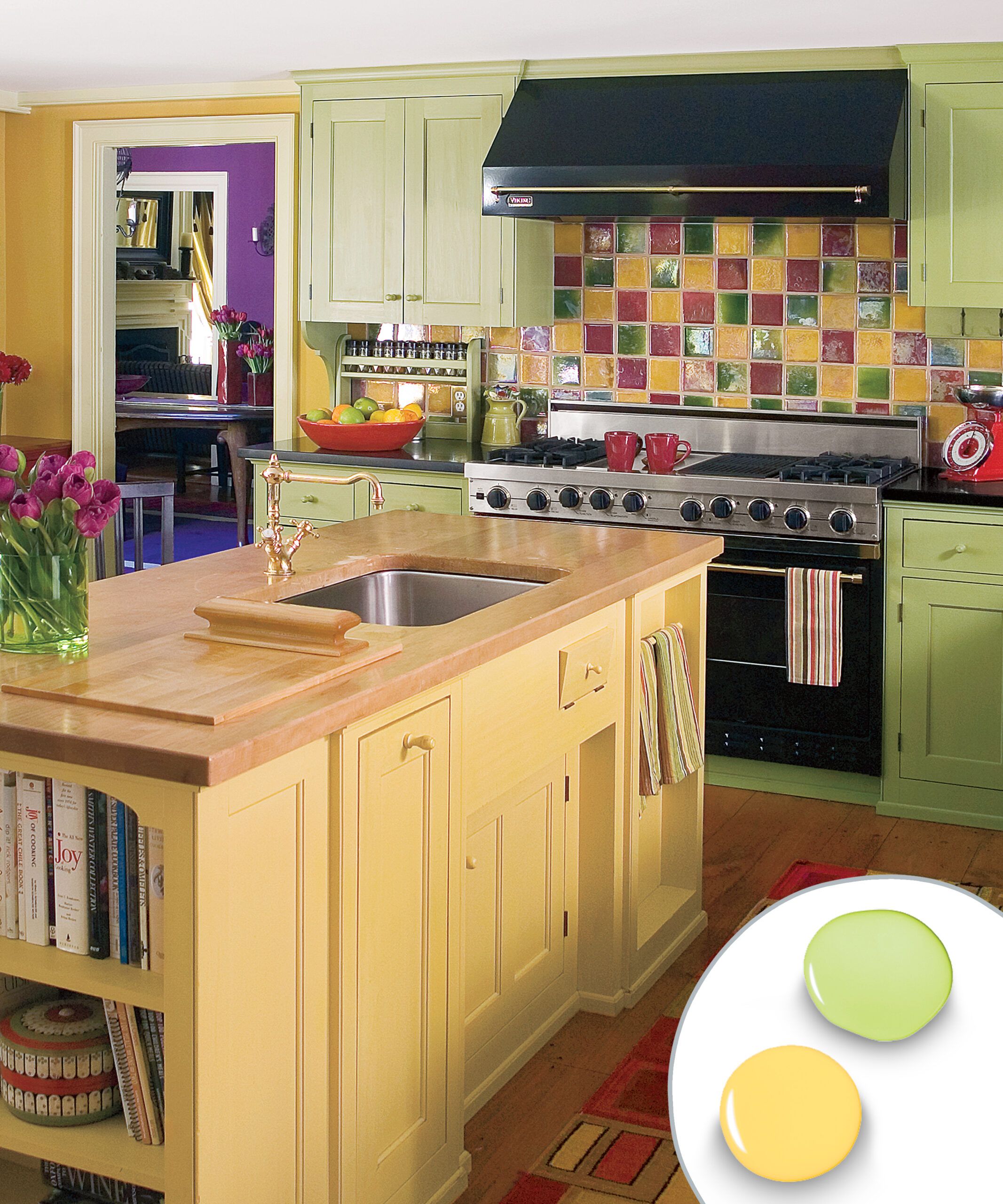 Kitchen cabinets with a lemon and lime color combination.