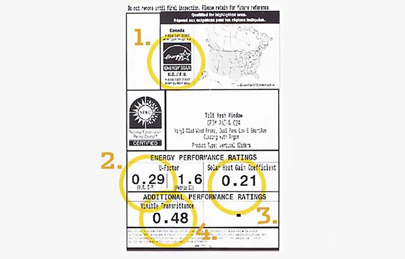 National Fenestration Rating Council wooden window label and annotations numbering and pointing out the important rating.