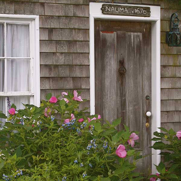 an entryway that is surrounded  by colorful plants and flowers