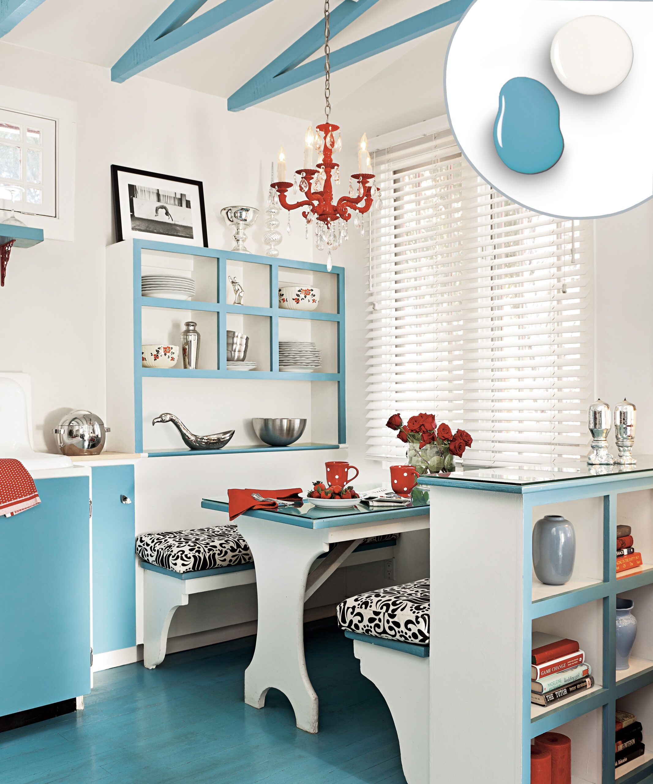 Kitchen cabinets with a deep aqua and white color combination.