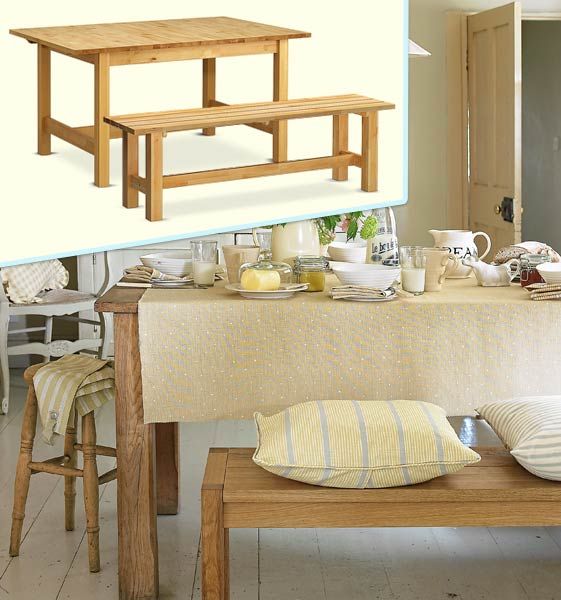 Harvest breakfast table and bench in a Farmhouse-Fresh Breakfast Nook.