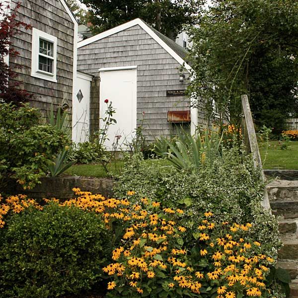 a charming home with yellow sunflowers surrounding it