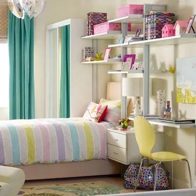 Wall mounted shelves in a child's colorful bedroom.